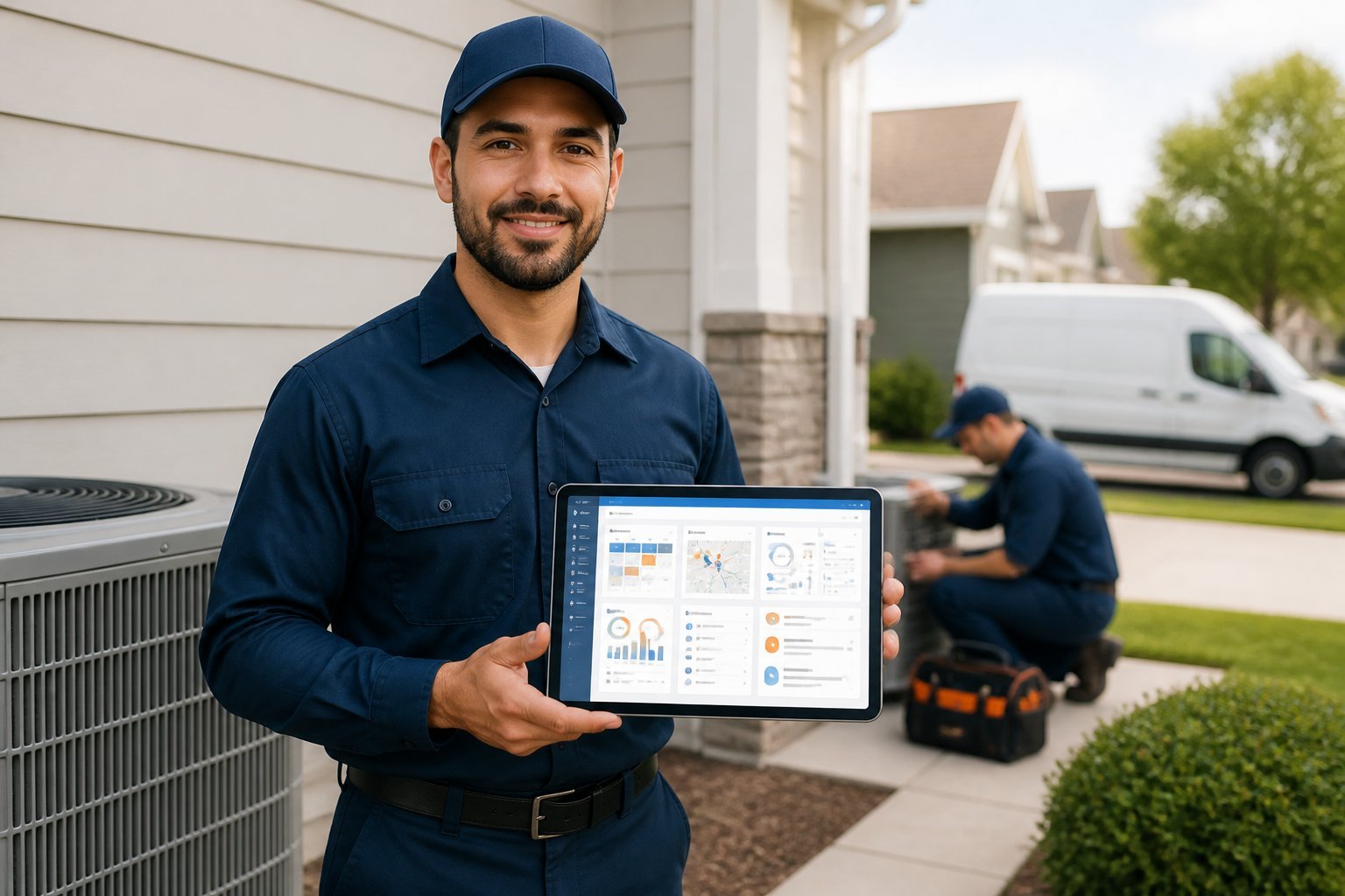 HVAC technician reviewing a service-management dashboard on a tablet beside a residential air-conditioning unit.