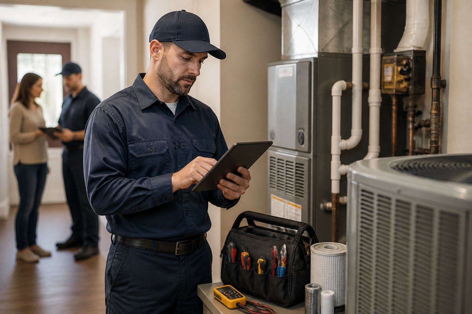 HVAC technician using a tablet beside a residential heating and cooling system.