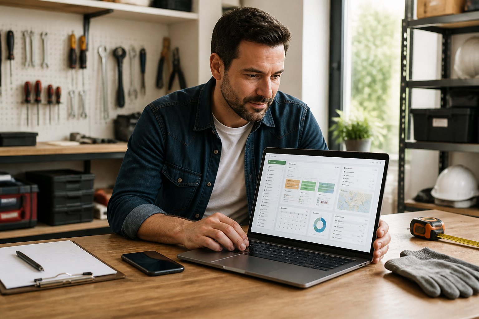 A small contractor reviews business management software on a laptop in a well-organized workshop office.