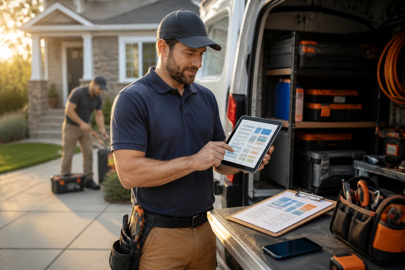 A contractor reviews a tablet beside a work van while another worker prepares tools outside a suburban home.