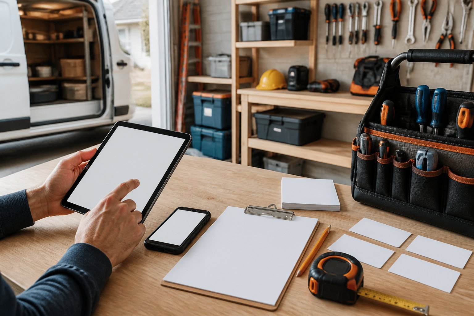 A contractor organizes a tablet, paperwork, and tools on a worktable in a tidy workshop.