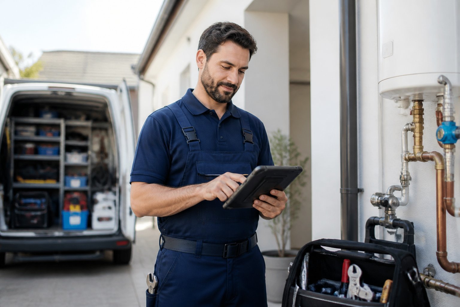 A solo plumber reviews a tablet beside an organized service van and plumbing tools.