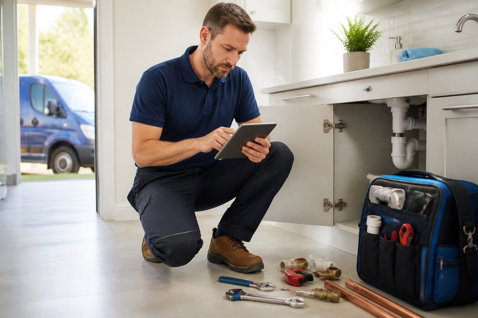 A solo plumber uses a smartphone while organizing tools in a residential utility room.