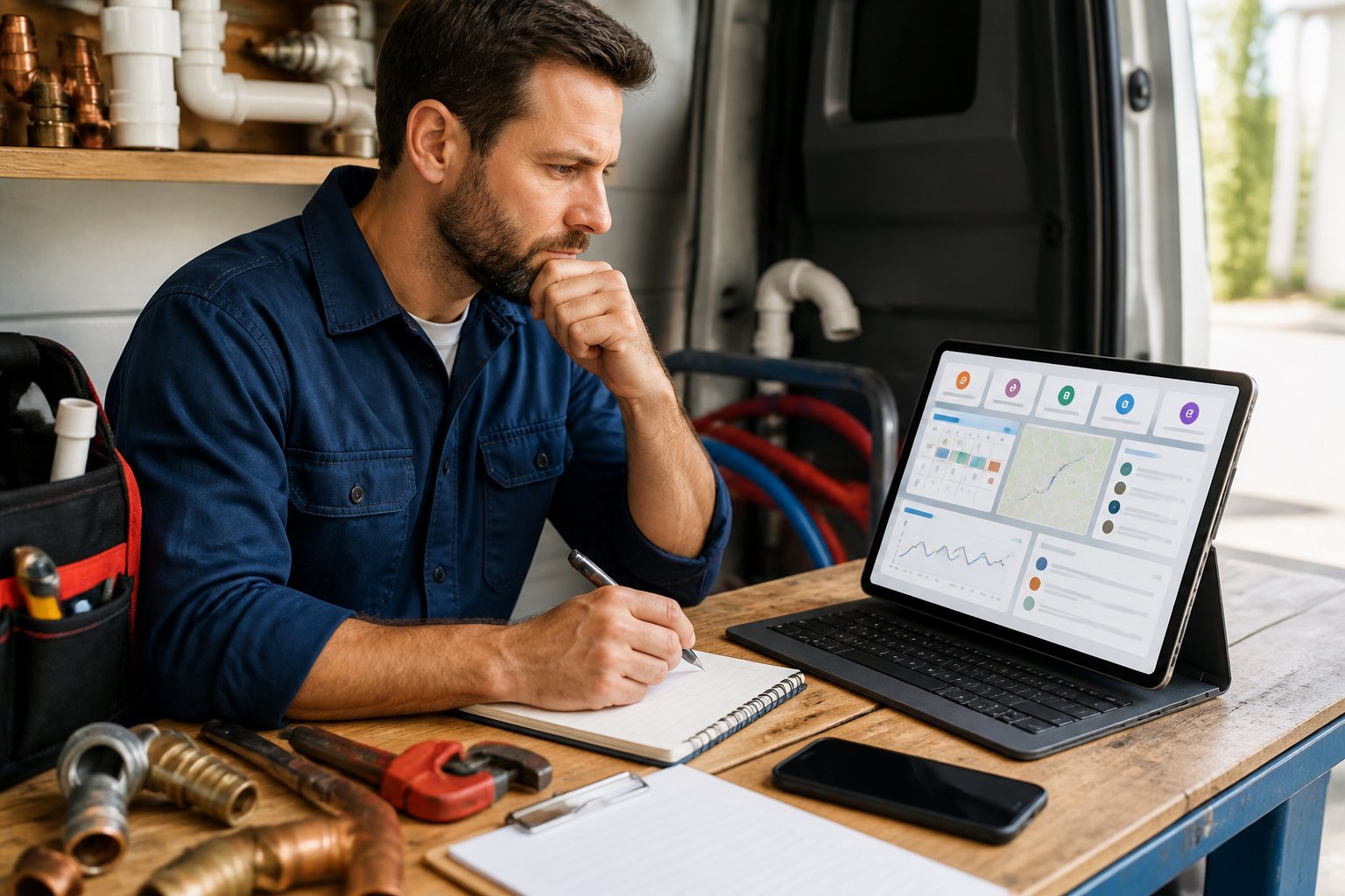 A solo plumber reviews software options on a laptop at an organized workstation surrounded by plumbing tools.
