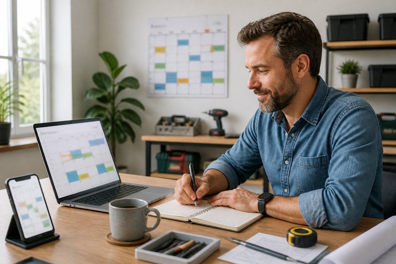 A solo contractor organizes appointments at a laptop in a tidy home office with tools and a smartphone nearby.