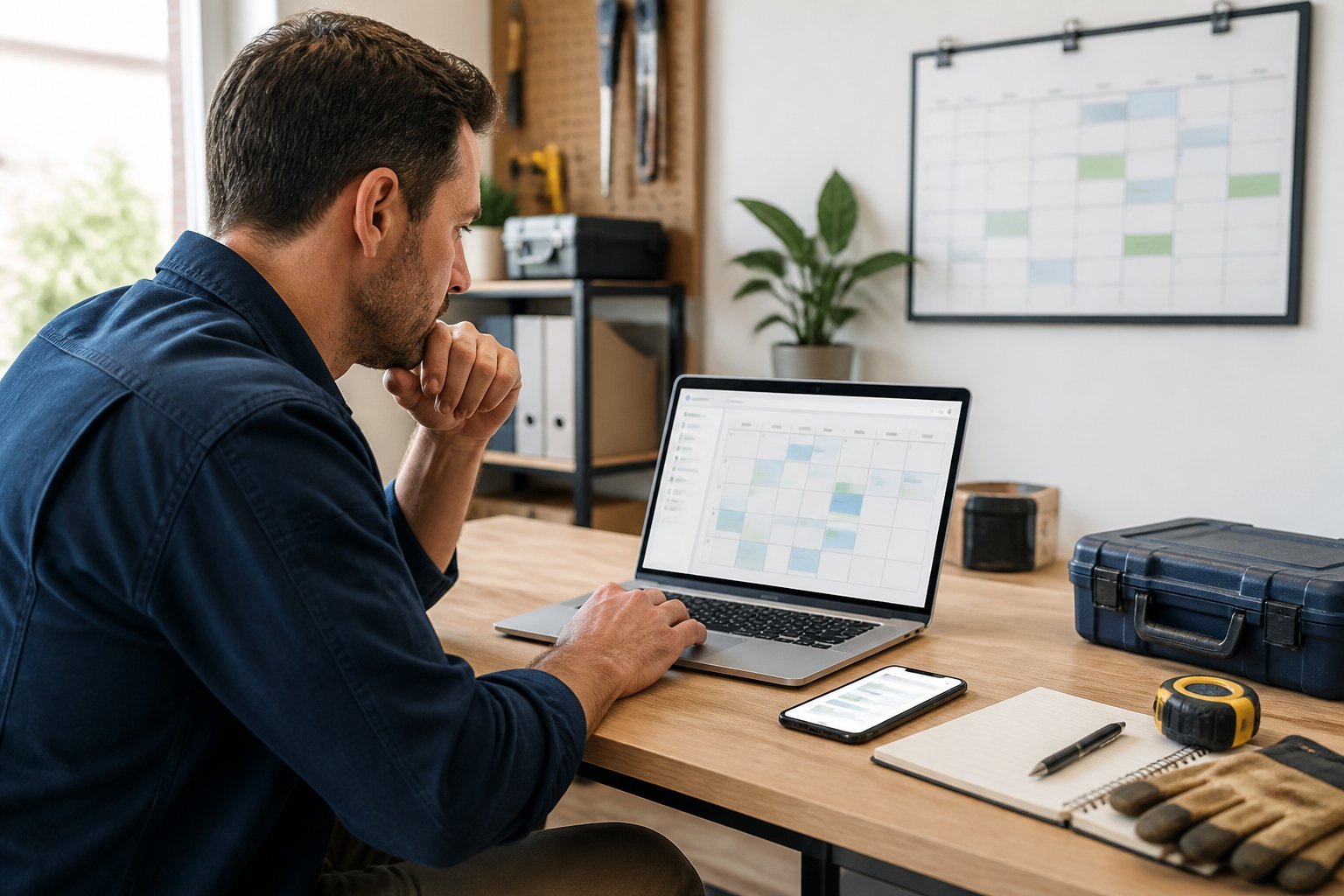 A solo contractor reviews a digital calendar at a desk in a tidy workspace.