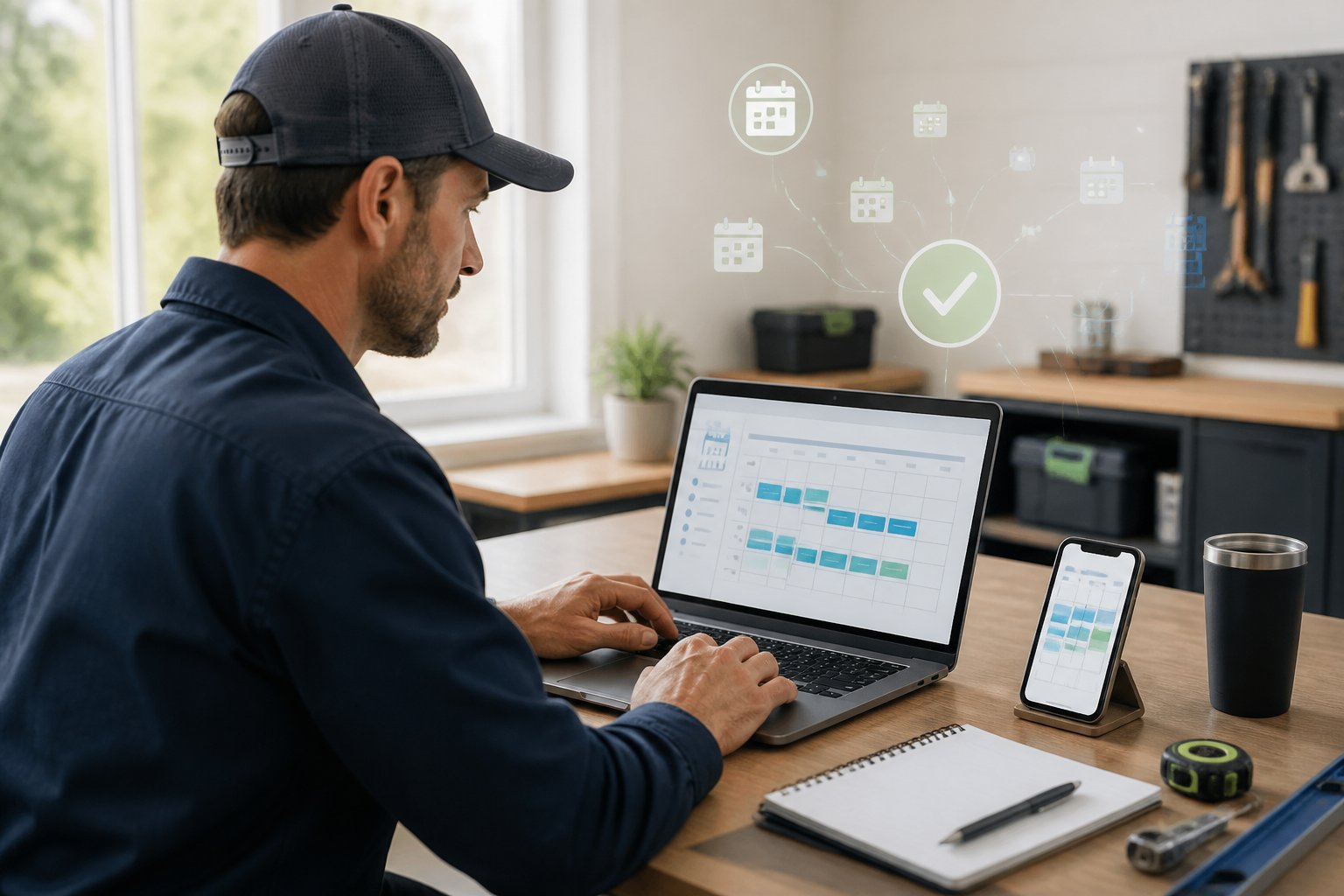 A solo contractor uses a laptop and smartphone to organize appointments at a tidy workspace.