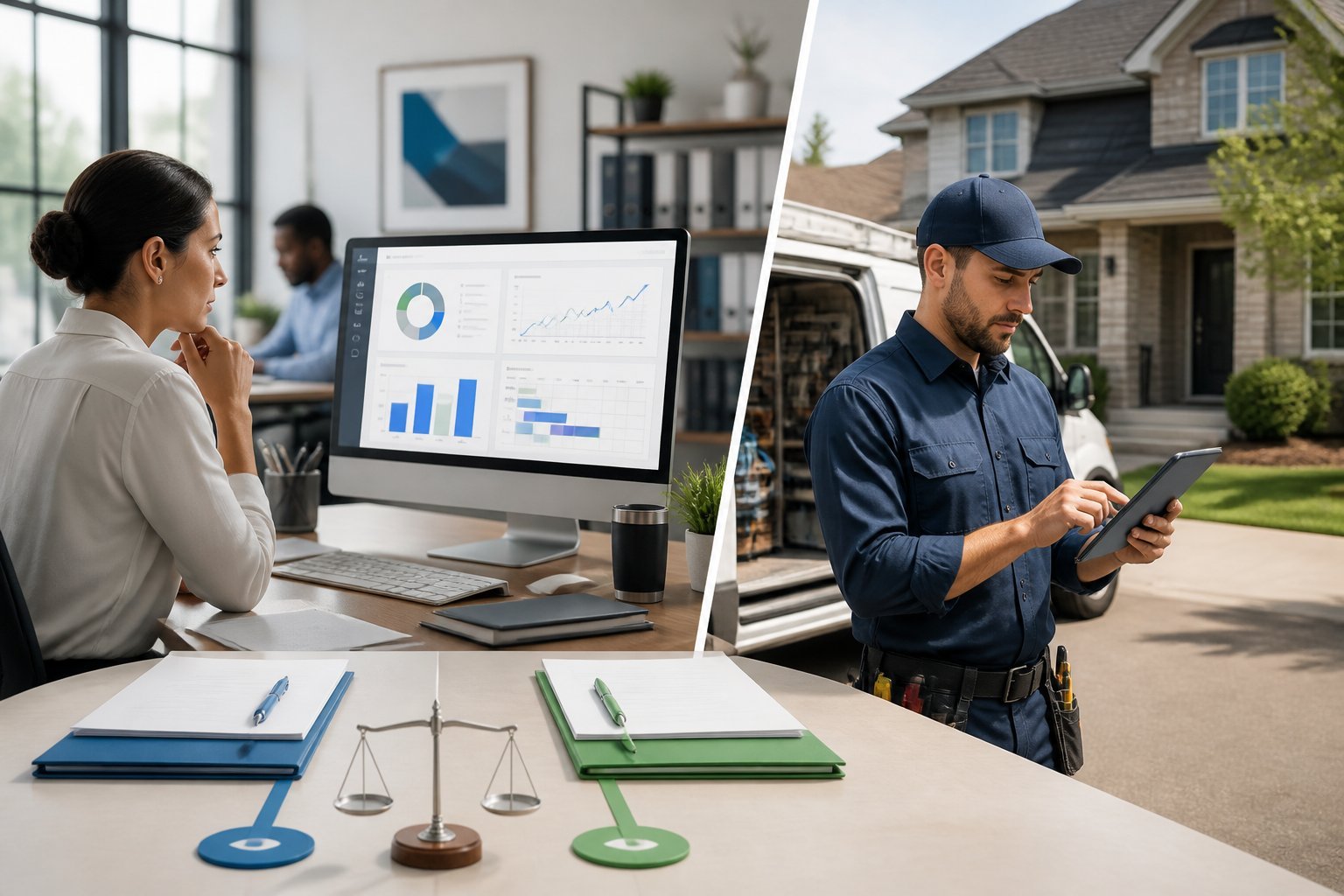 A business manager compares field-service software while a technician manages a residential job on a mobile device.