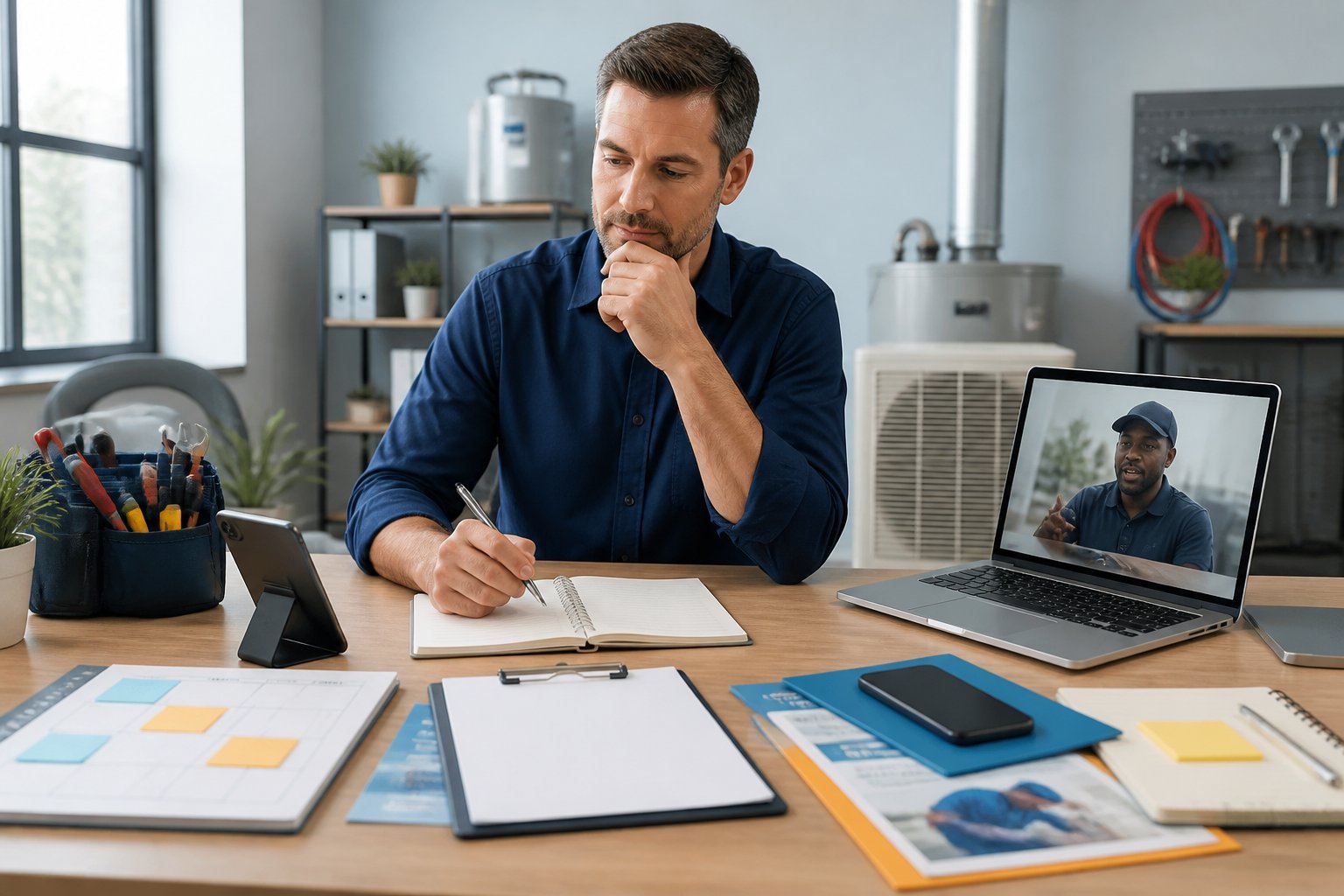 A home-services business manager compares two organized workflow options at a modern office desk.