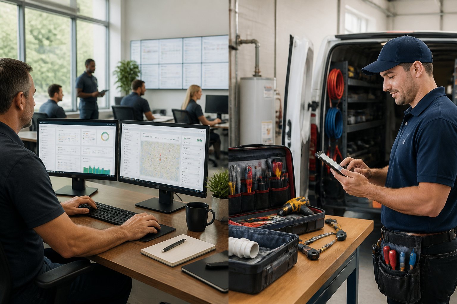 A service business manager reviews operations on a computer while a field technician coordinates work on a mobile device.