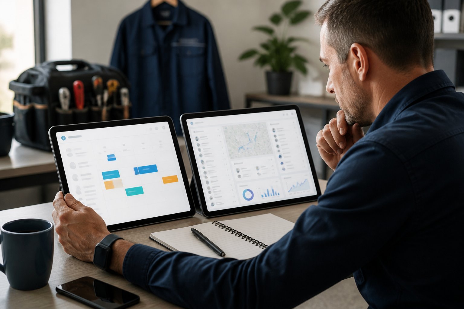 A home-services manager compares two software dashboards on tablets at an office desk.