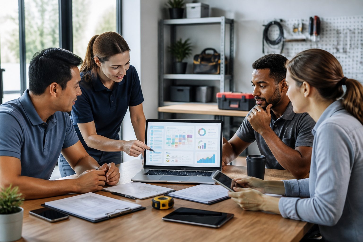 Service professionals compare scheduling software on a laptop in a modern office.