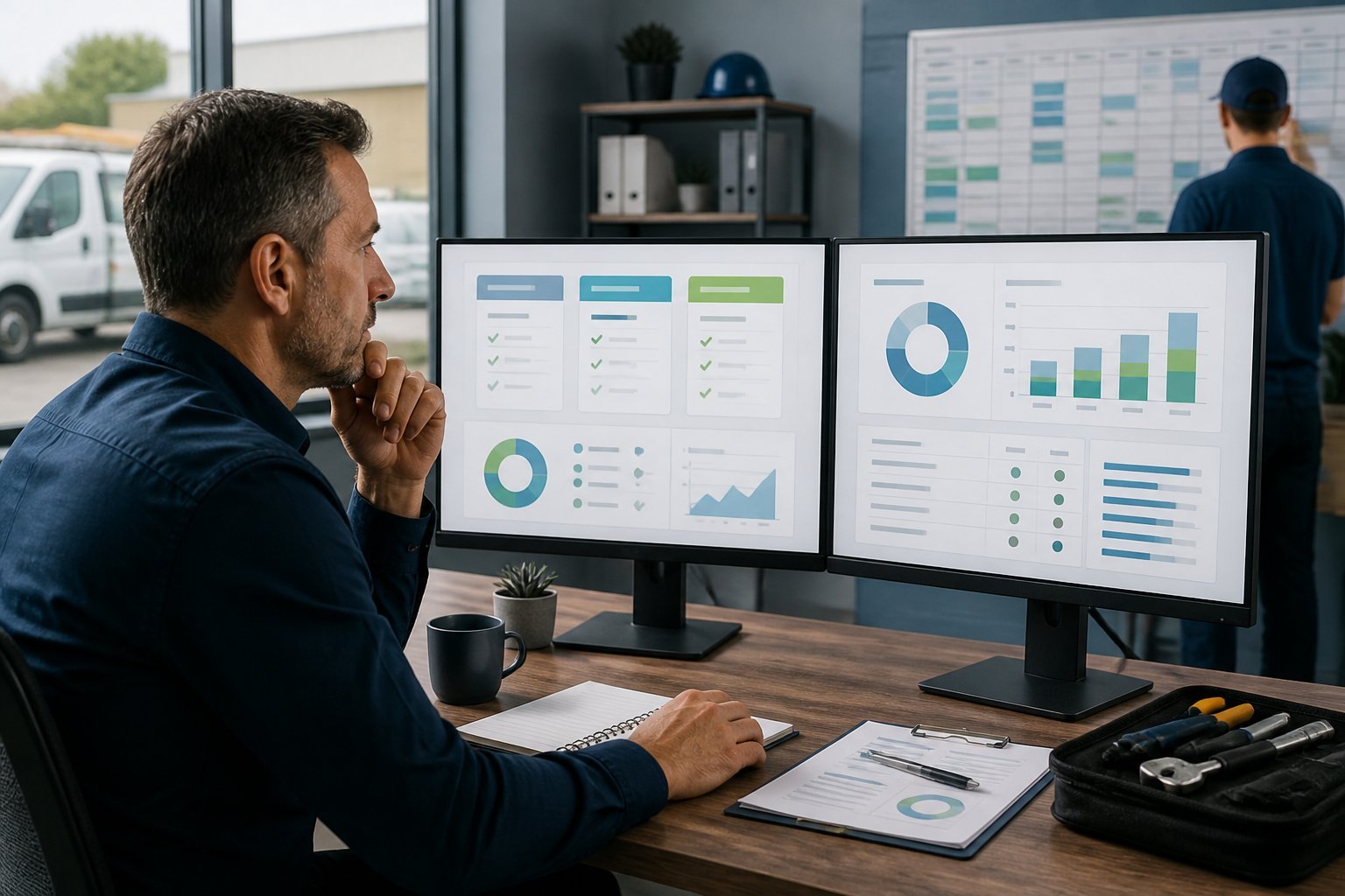 Business manager comparing software pricing and operating costs on dual computer monitors in a field service office.
