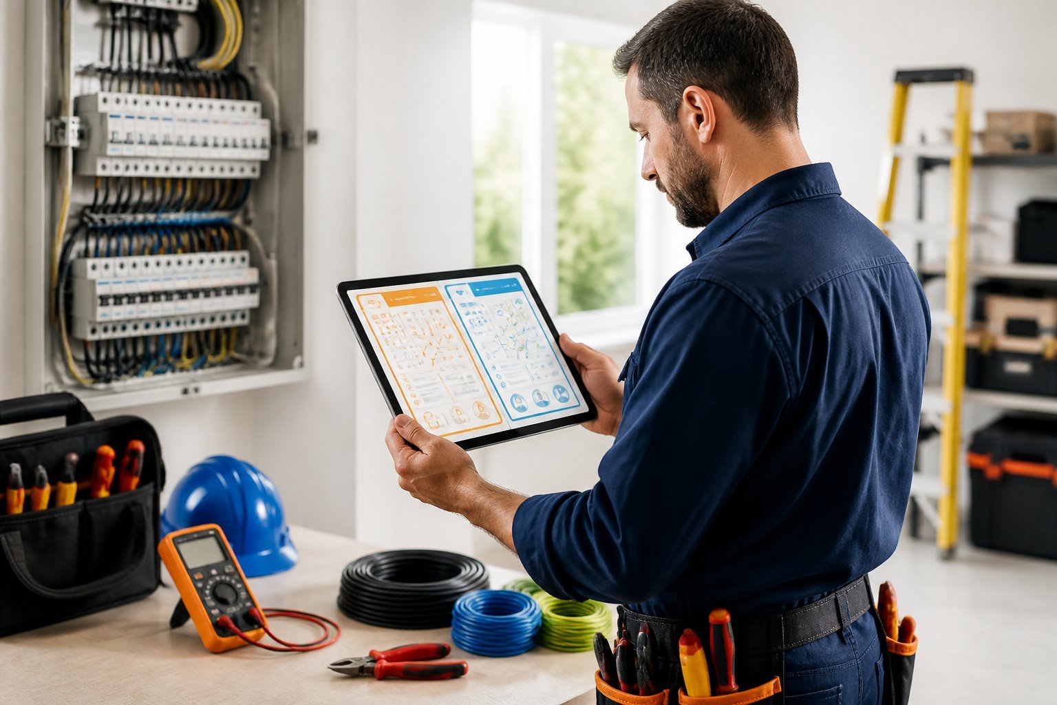 Electrician reviewing job management information on a tablet in a clean, organized workspace.