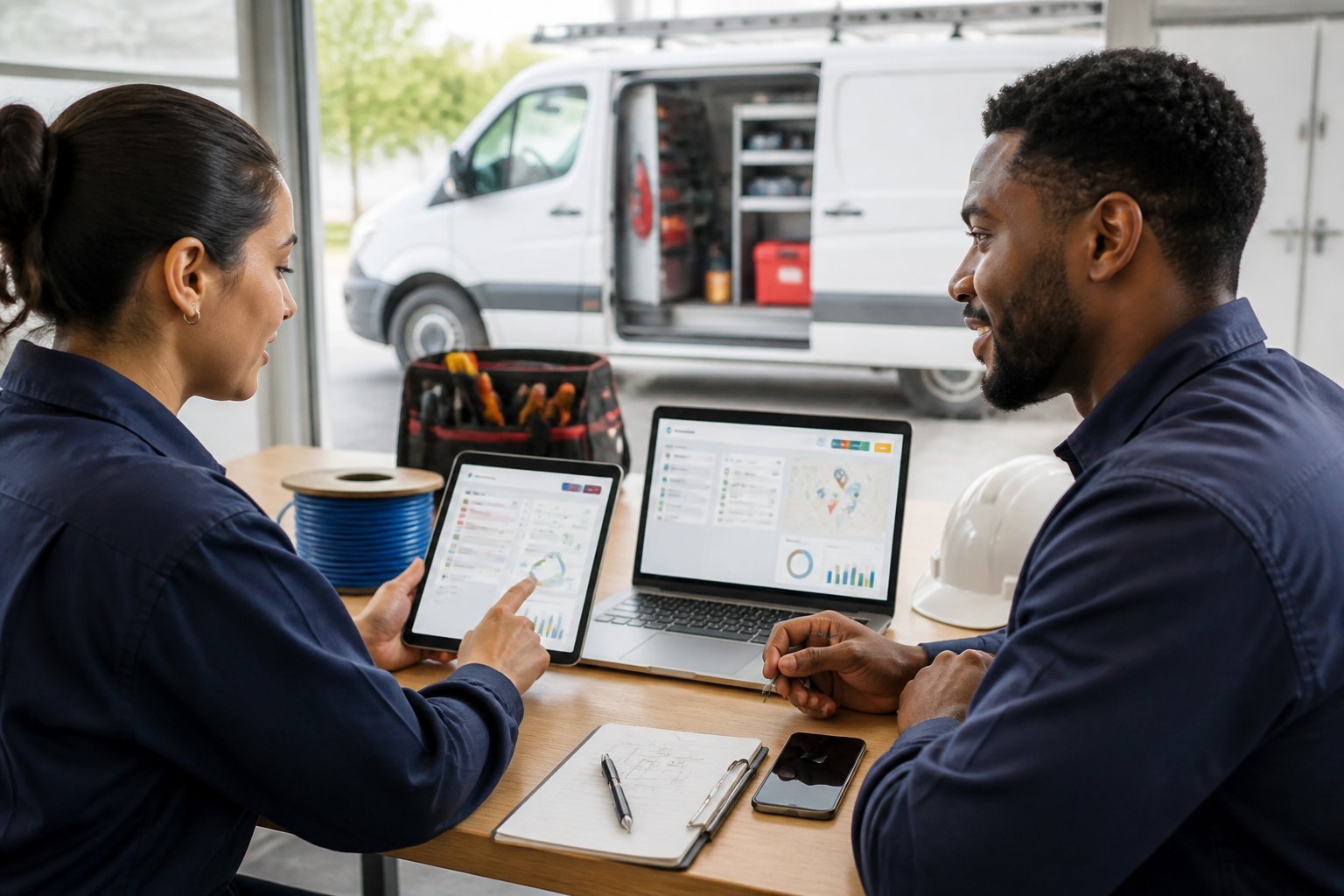 Two electricians compare field service software on a tablet and laptop at a workstation.