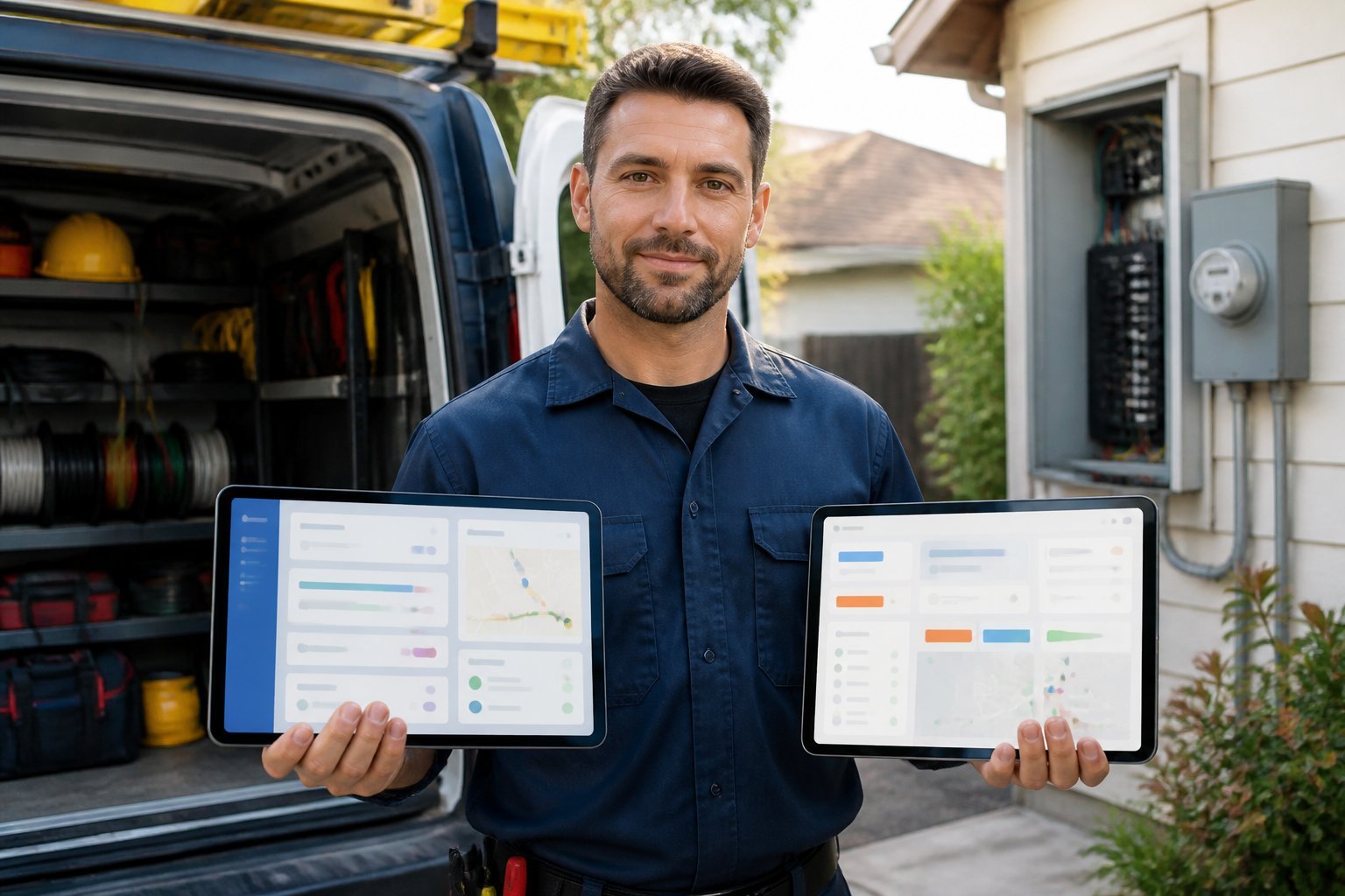 An electrician reviews a tablet beside a service van and residential electrical equipment.