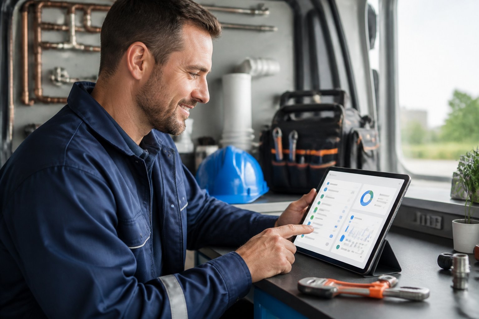 An independent plumber reviews an invoice dashboard on a laptop at a tidy workstation.