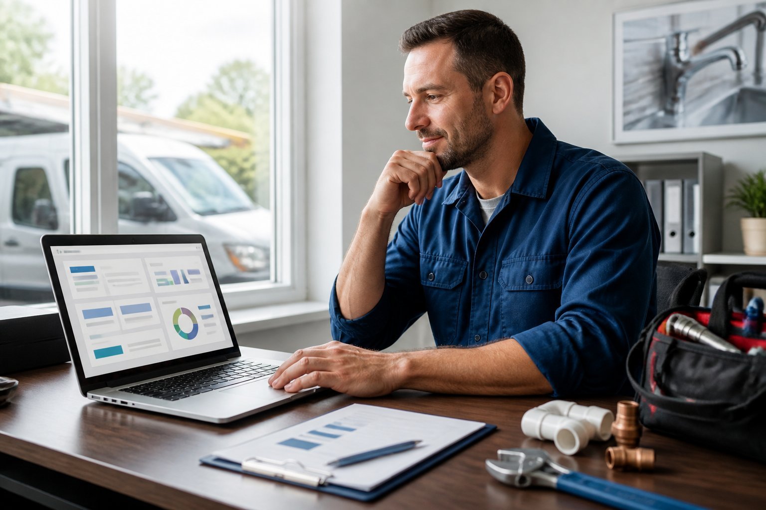An independent plumber reviews billing information on a laptop at a home office desk.