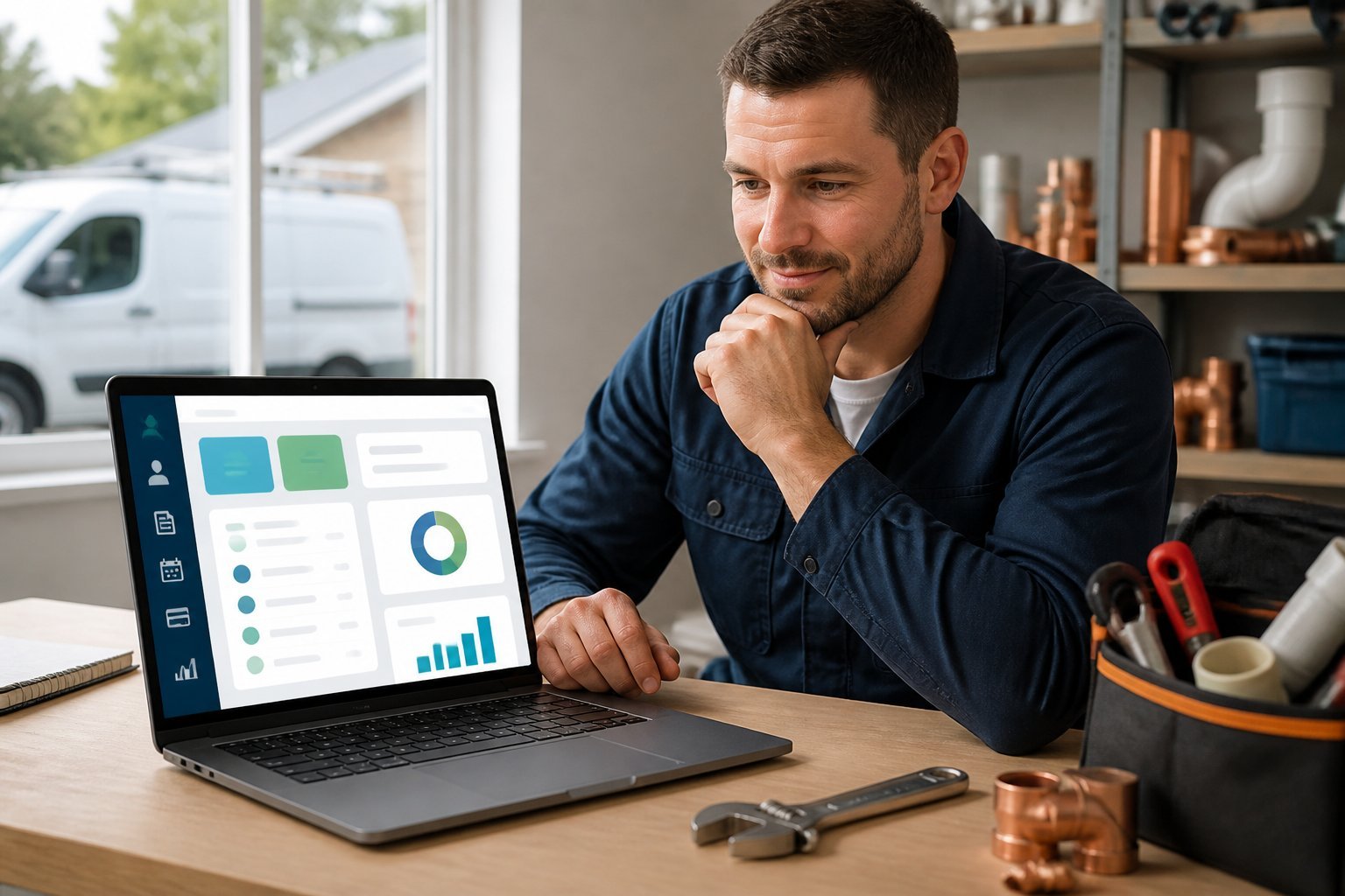 An independent plumber reviews invoicing software on a laptop at a tidy work desk surrounded by plumbing tools.