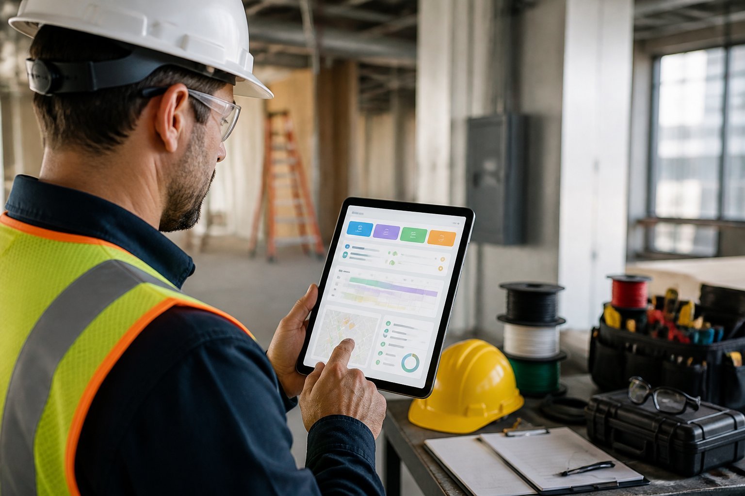 An electrician reviews a digital job management interface on a tablet beside organized electrical tools.