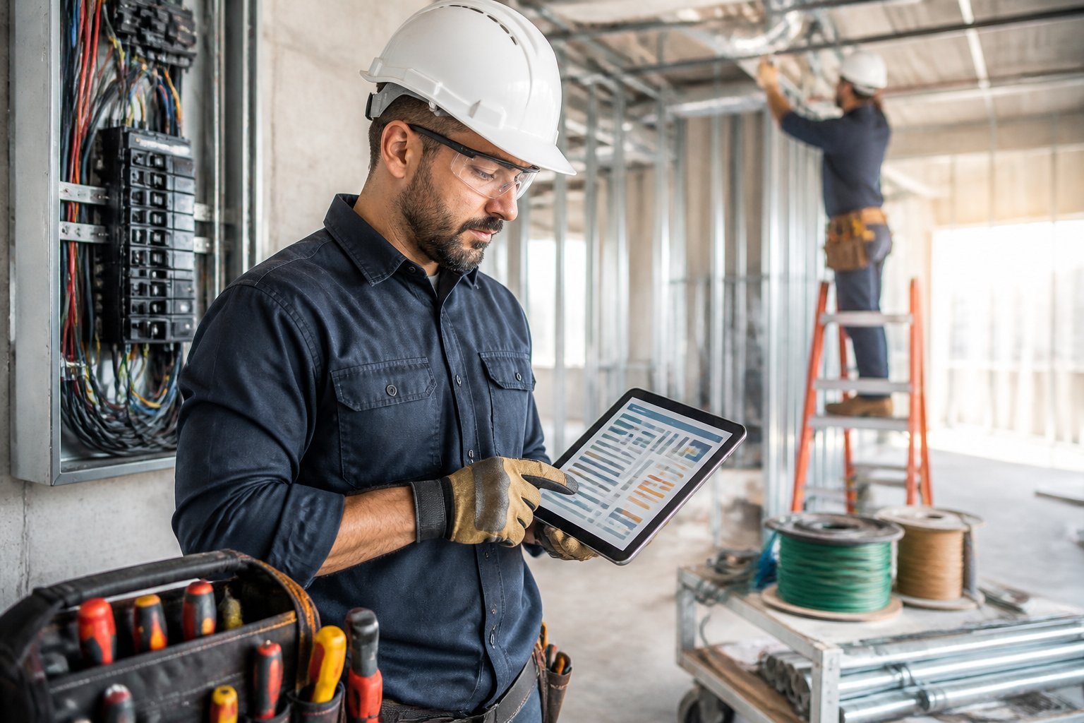 An electrical contractor reviews project information on a tablet at a commercial job site while another technician works in the background.
