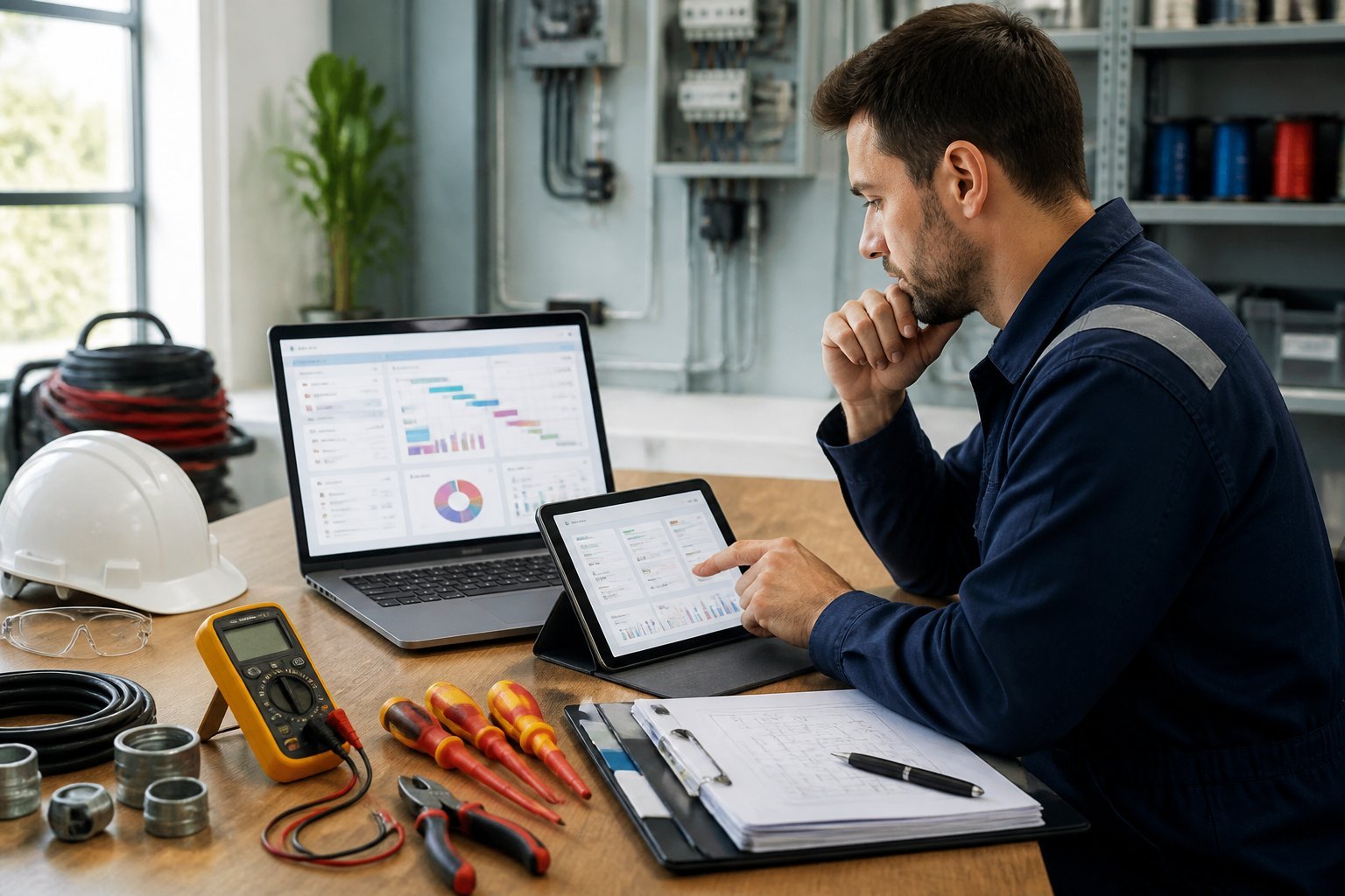 An electrical contractor reviews several job assignments on digital devices at a workshop desk surrounded by electrical tools.