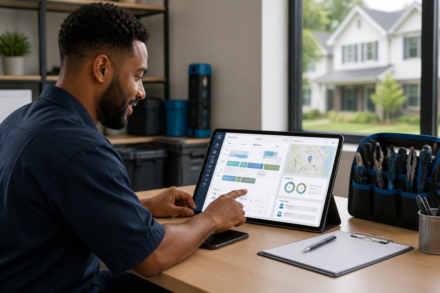 A home-service business owner reviews an AI-powered scheduling dashboard beside tools and equipment.