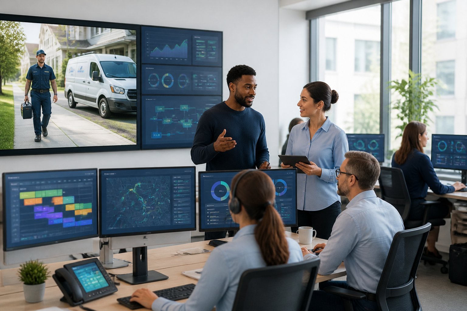 Home service professionals use AI-assisted scheduling and route planning while coordinating with a field technician.