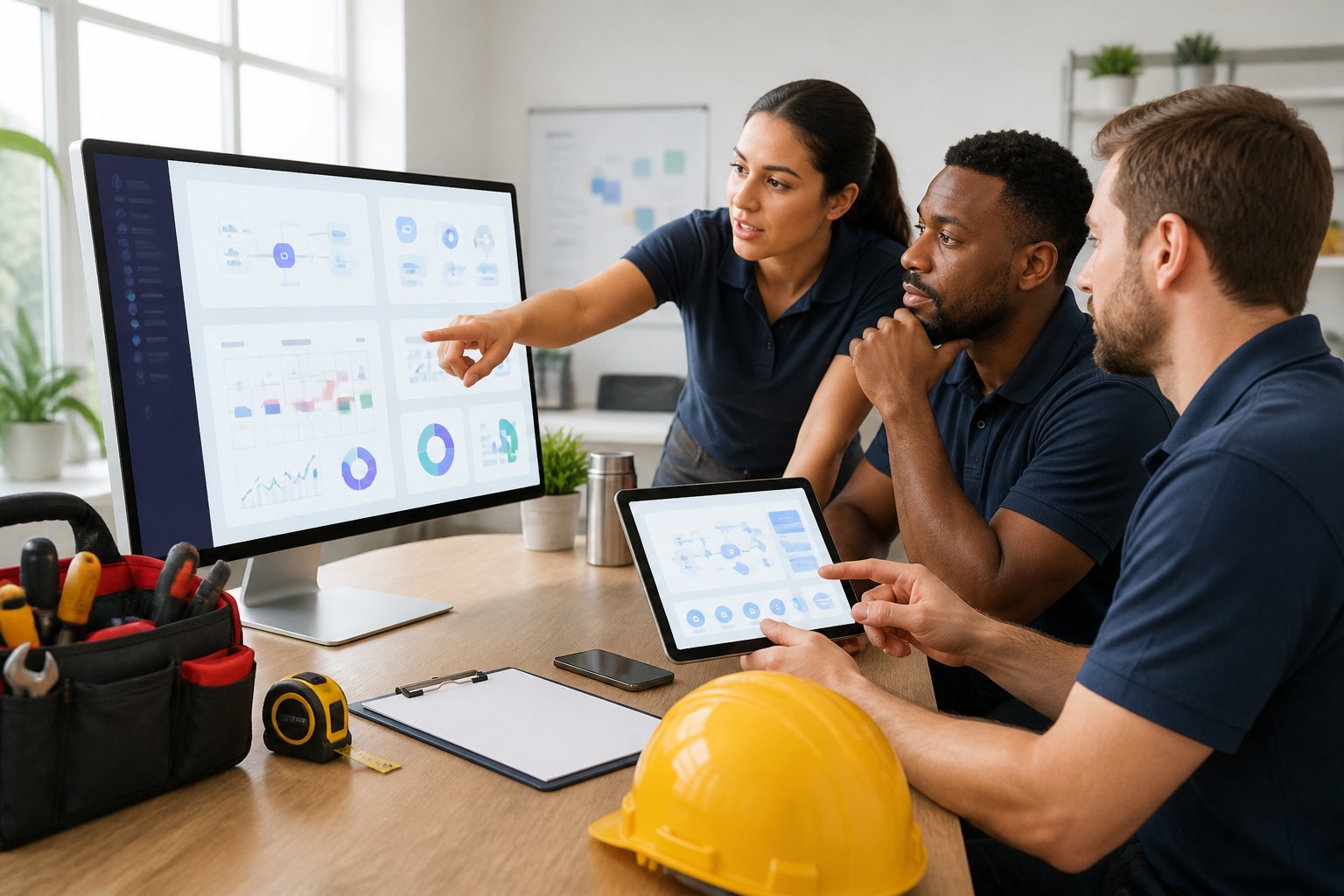 A diverse home-service business team compares AI dashboards in a modern office.