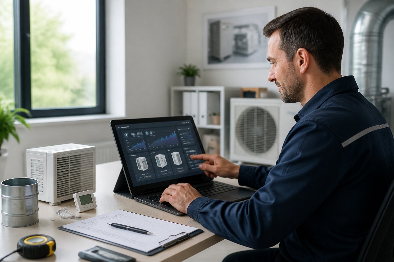 An HVAC technician uses a laptop to prepare a job estimate in a modern workspace.
