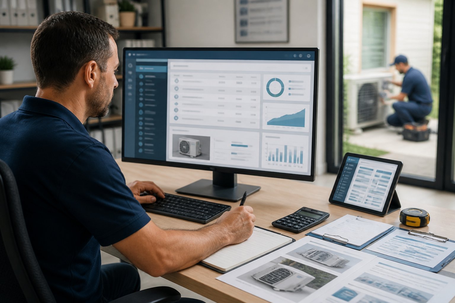 An HVAC professional reviews a digital job estimate at a workstation while a technician works on equipment in the background.