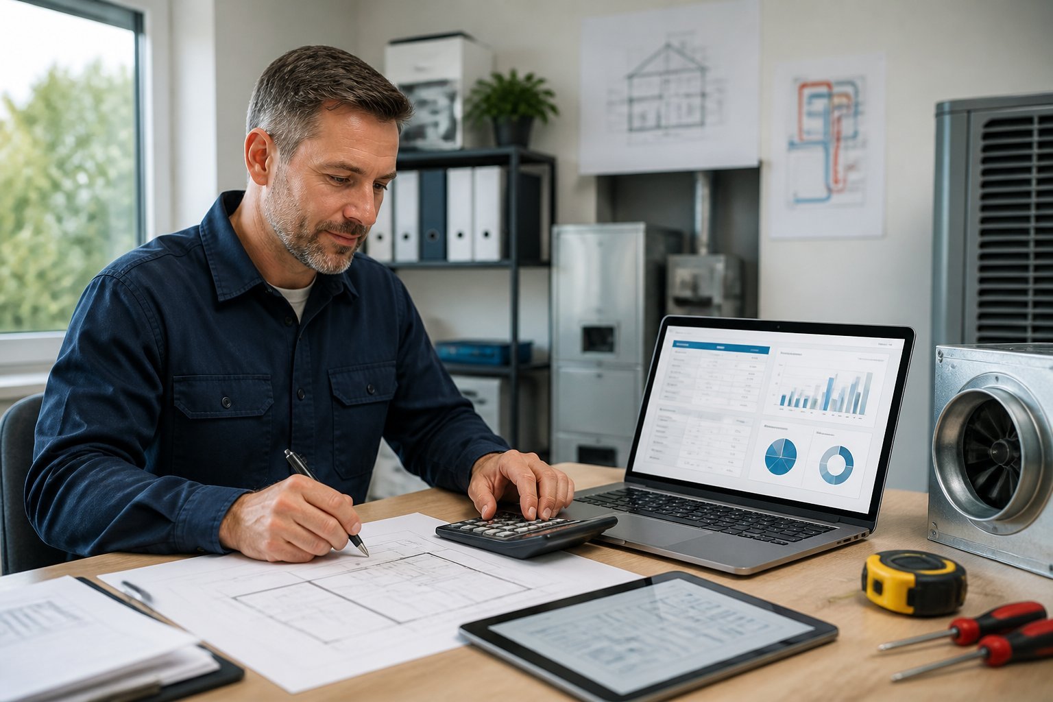 HVAC technician reviewing a digital job estimate beside tools and equipment.