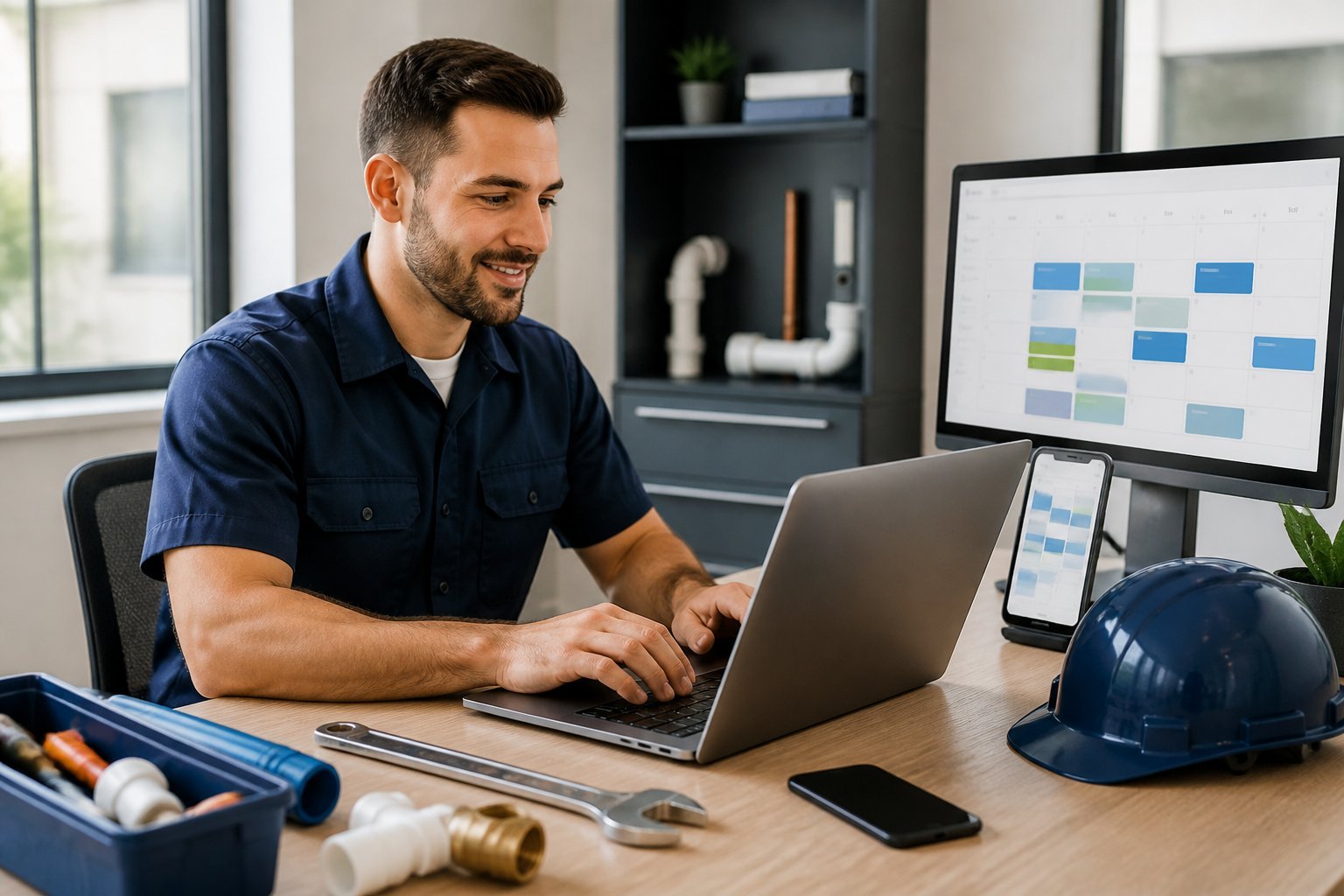 A plumber uses a laptop to manage online appointments at an organized office desk with plumbing tools nearby.