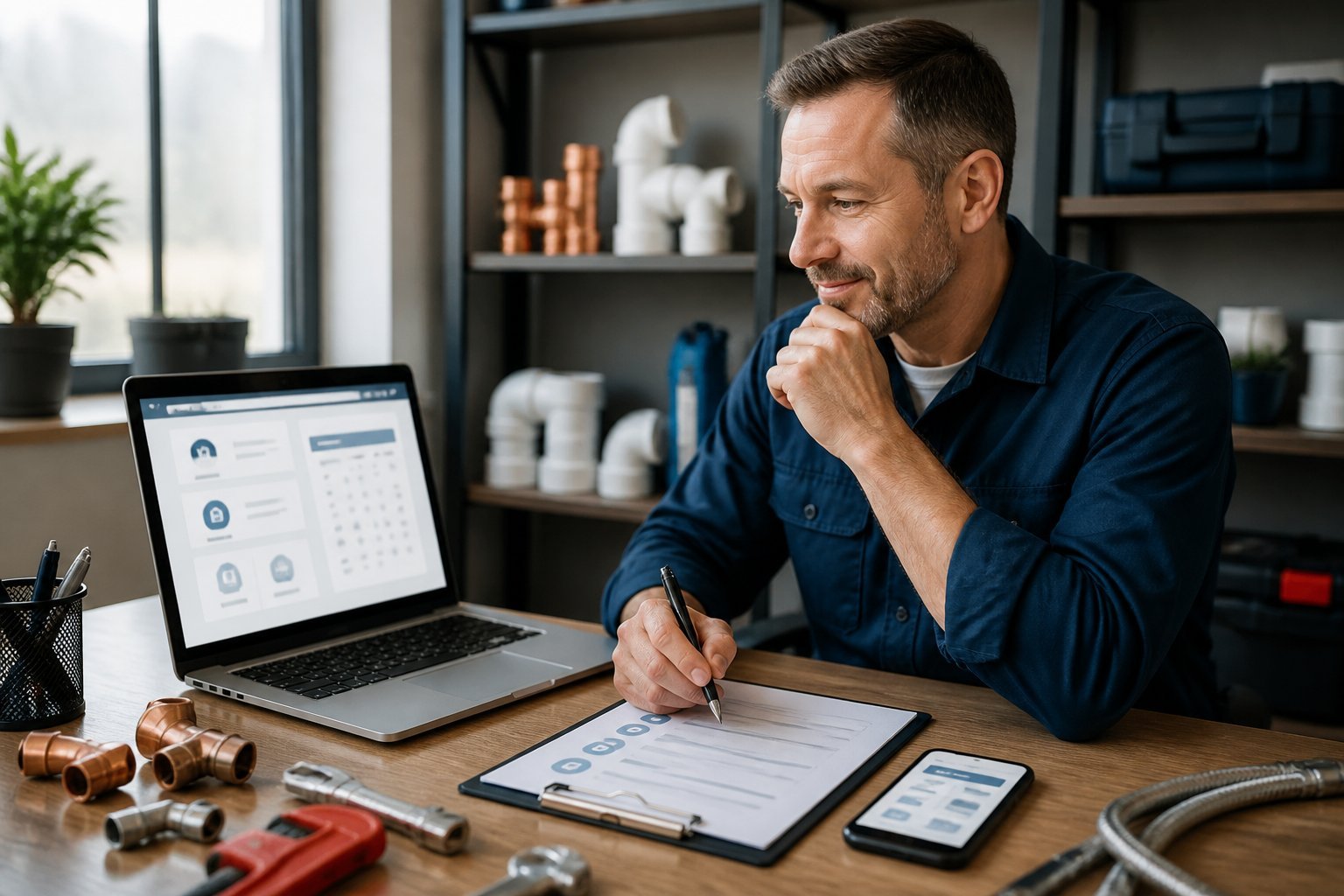 A plumber reviews an online appointment booking setup on a laptop at a desk with plumbing tools nearby.