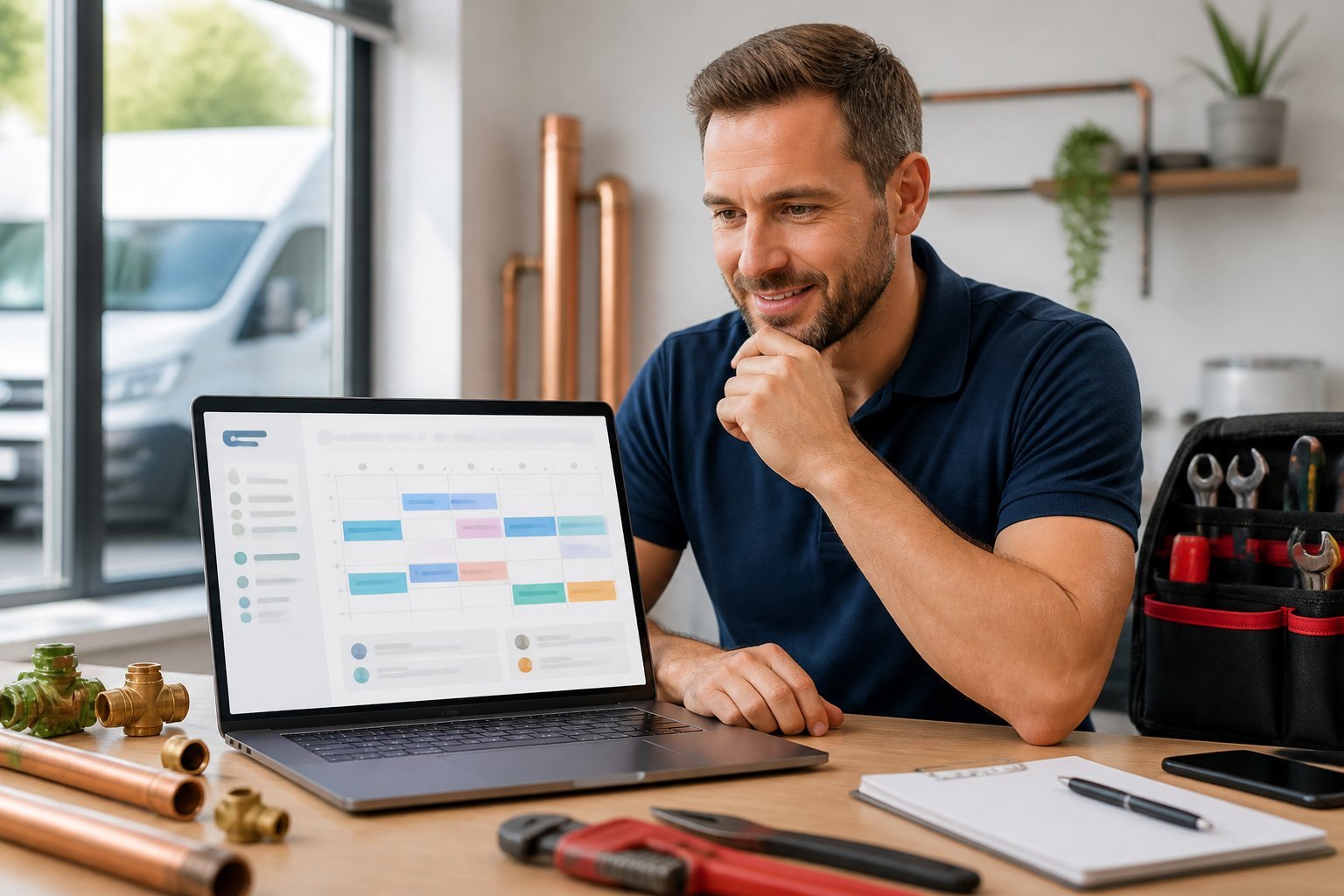 A plumber reviews an online booking dashboard on a laptop in a well-organized workshop office.
