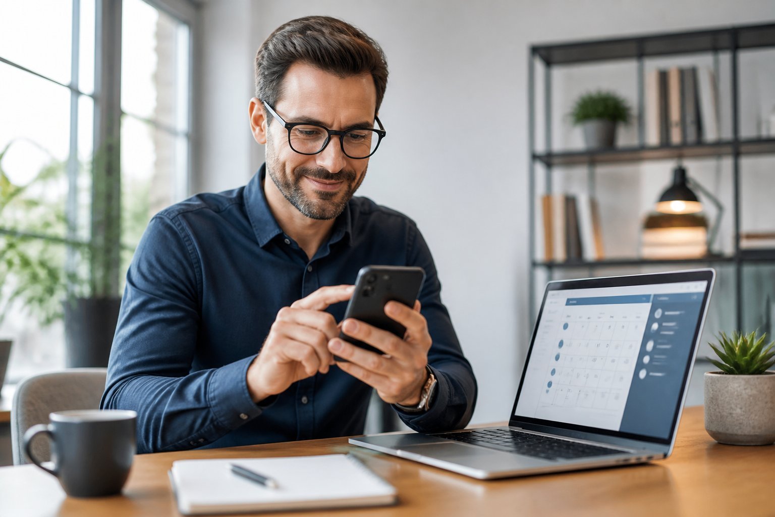 A business professional reviews a smartphone at a desk beside a laptop and scheduling tools.