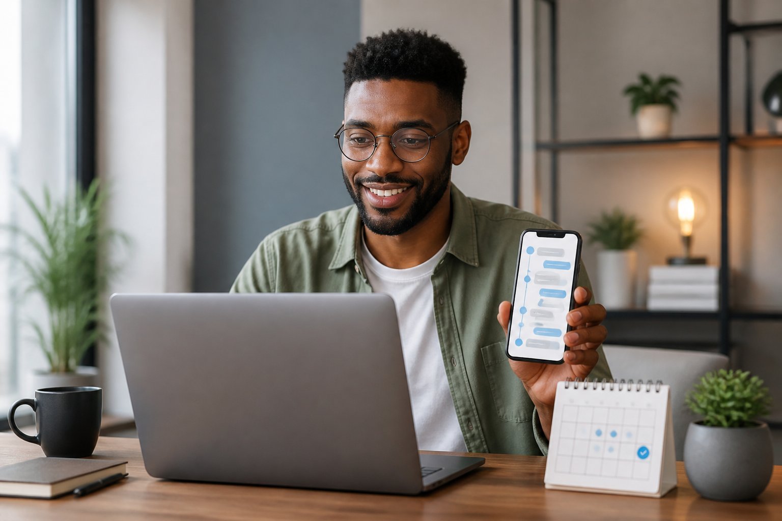 A business professional reviews an automated customer messaging workflow on a laptop and smartphone.
