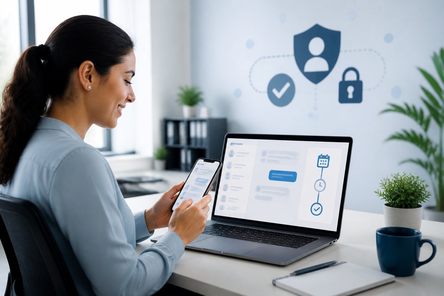 A customer service professional reviews automated follow-up messages on a smartphone and laptop in a modern office.