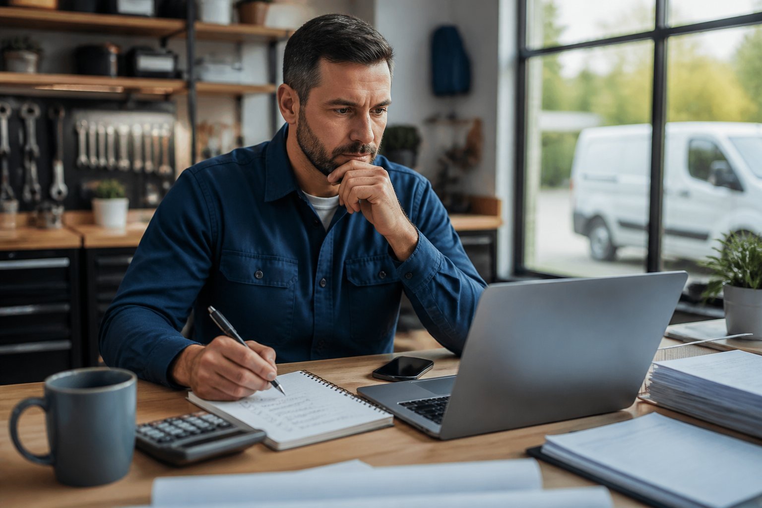 A service business owner compares information on a laptop and smartphone at a desk.