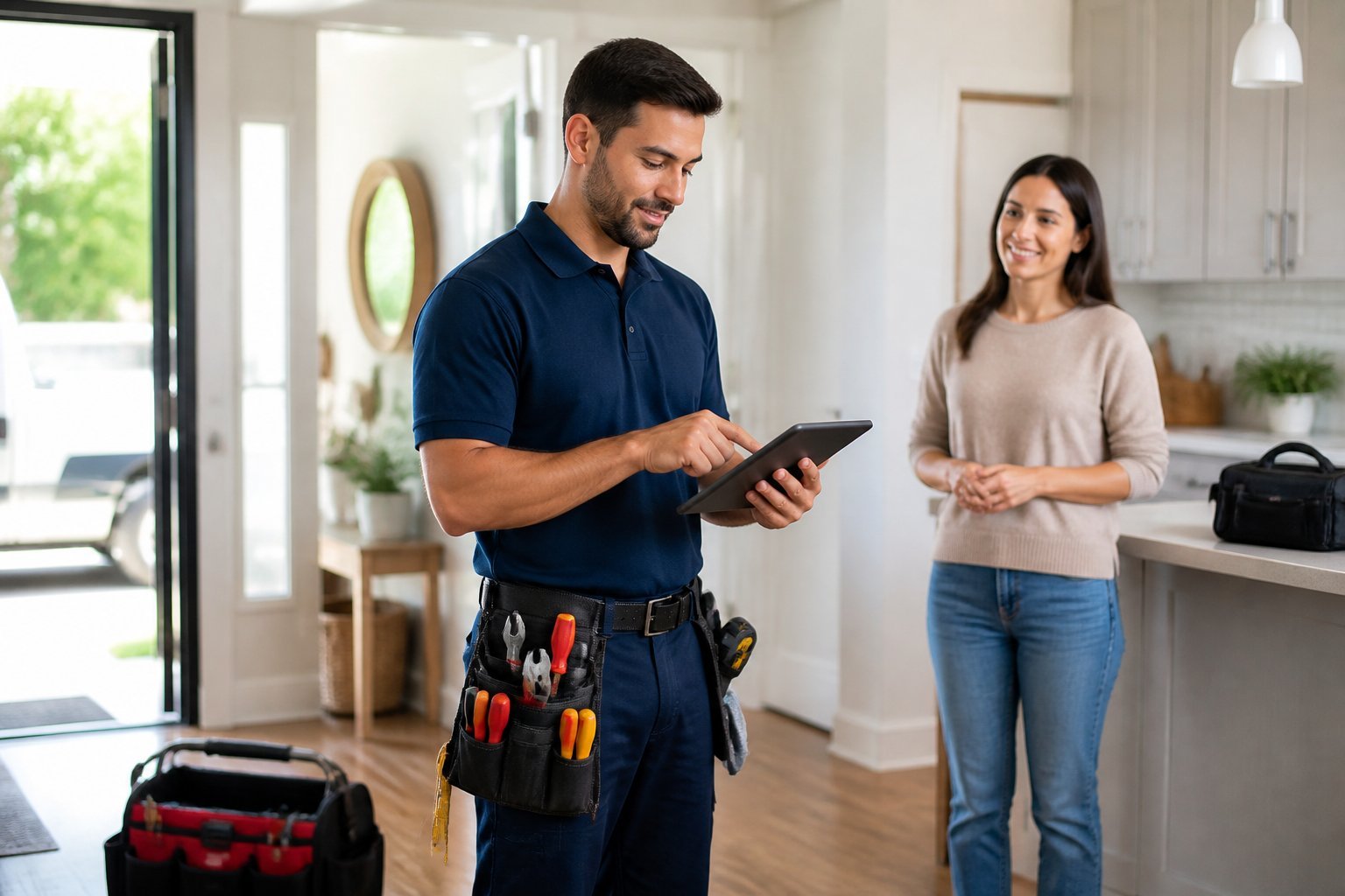A home-service technician reviews appointment information on a tablet while speaking with a homeowner.