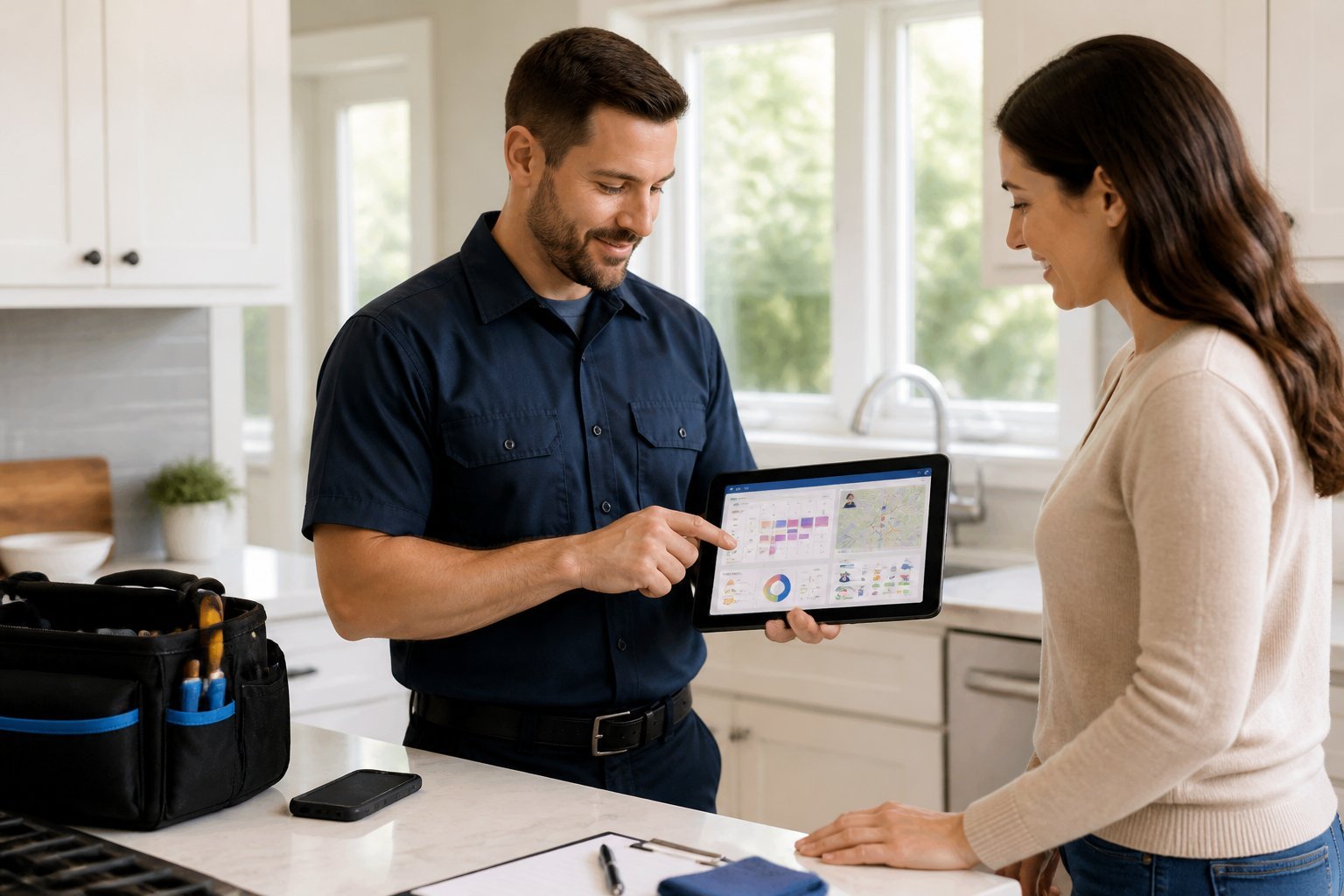 A home-service professional uses a tablet while discussing a job with a homeowner in a bright kitchen.