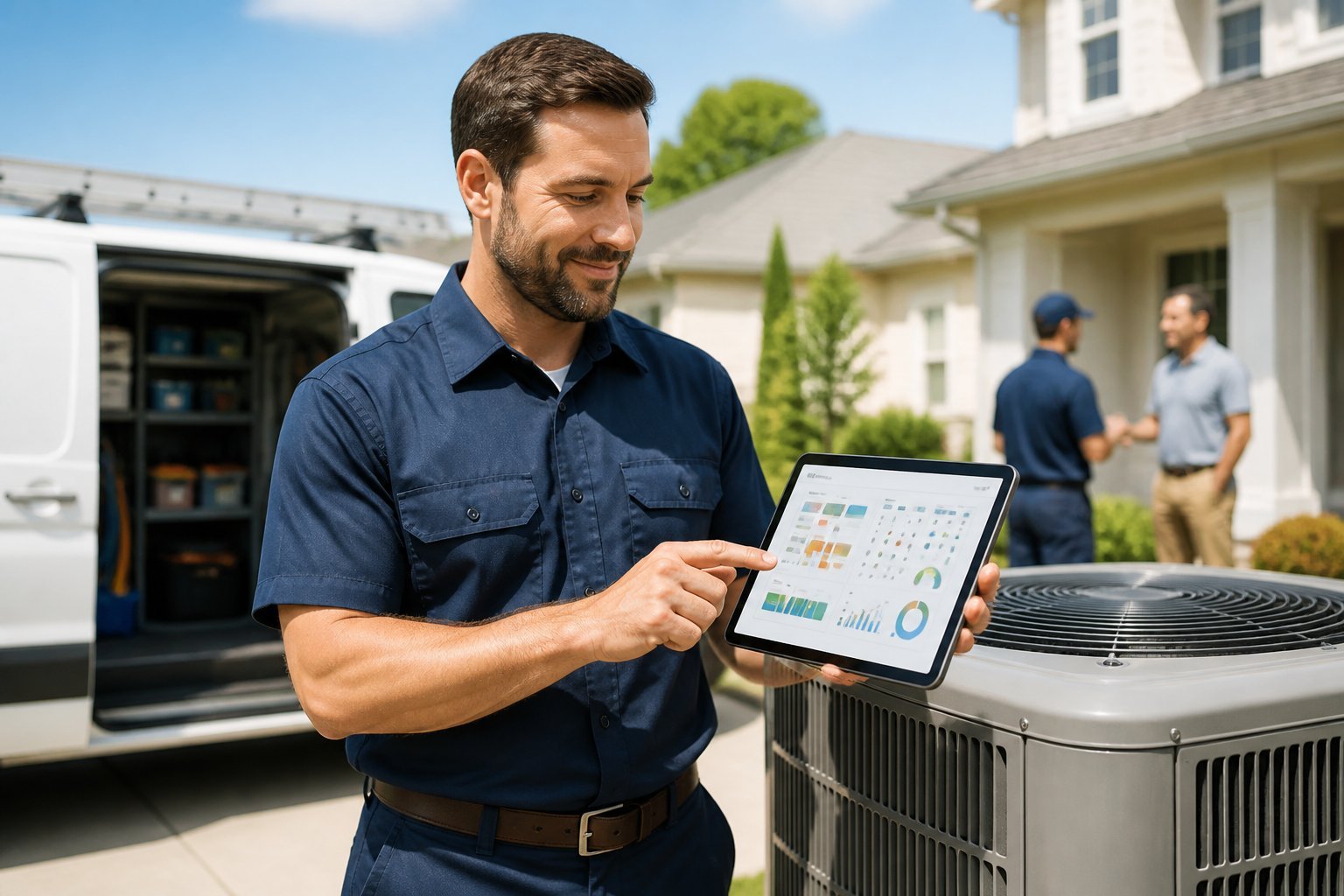 An HVAC technician reviews a tablet beside an air-conditioning unit outside a suburban home.