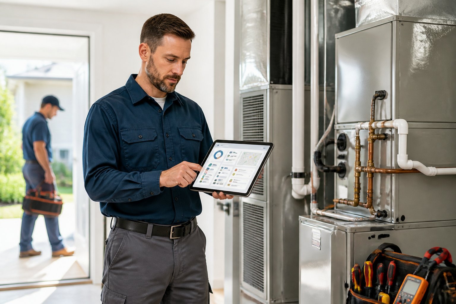 HVAC contractor reviewing a tablet beside a residential heating and cooling system.