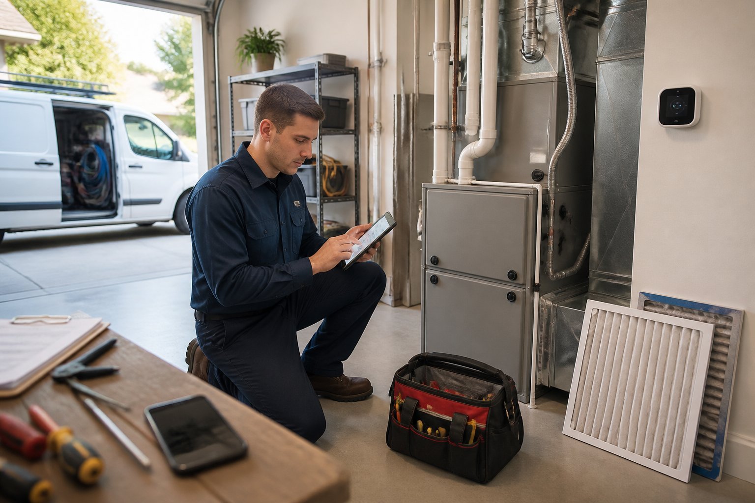 HVAC technician using a tablet while inspecting a residential heating and cooling system.