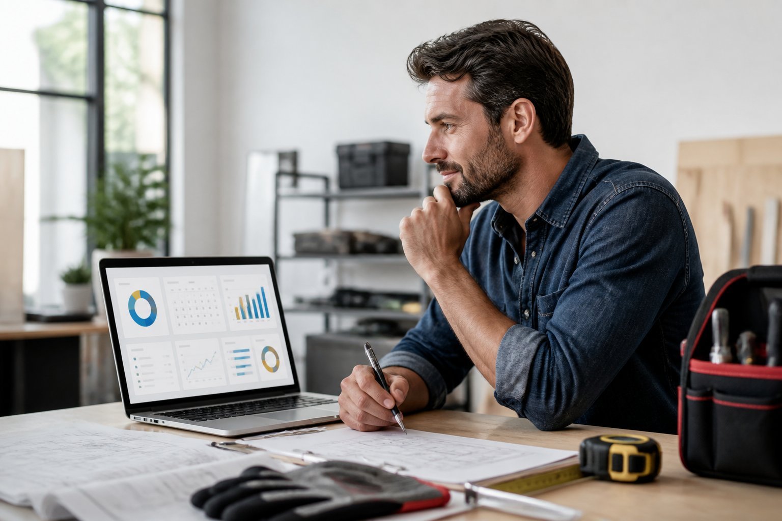 A small contractor reviews business management information on a laptop at a desk surrounded by work tools.