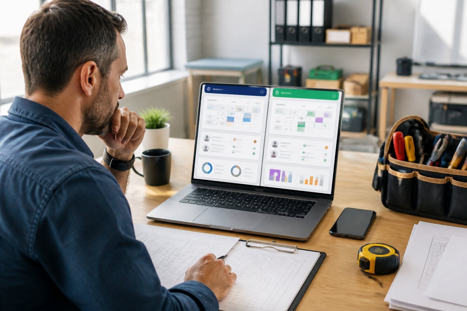 A small contractor compares two generic service-management software dashboards on a laptop at a desk surrounded by tools and work materials.