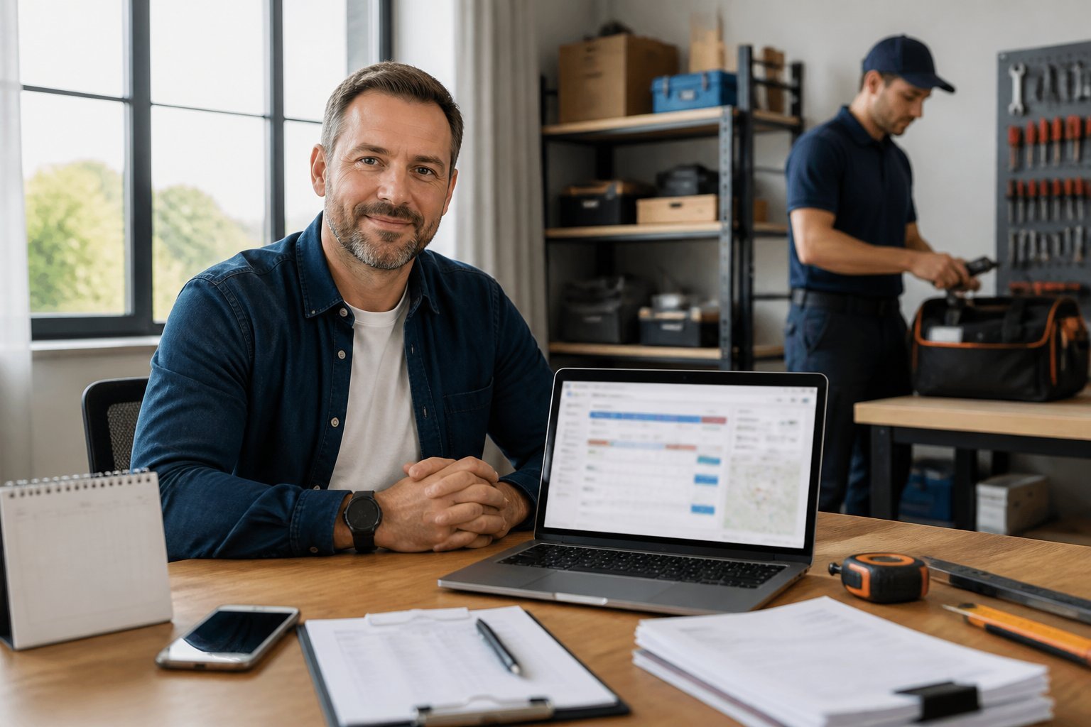 A small contractor reviews daily job operations on a laptop while a technician prepares tools in the background.
