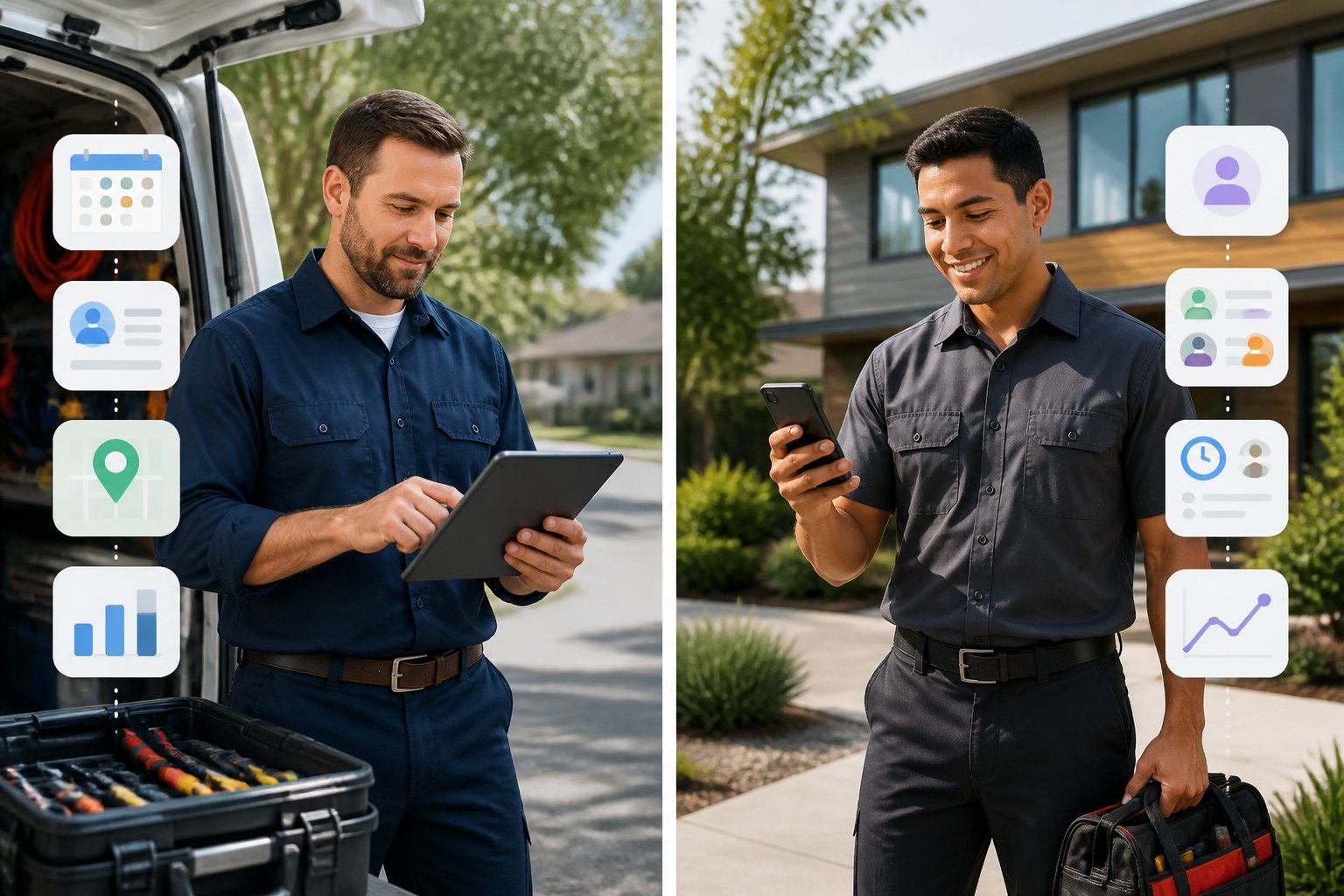 Two home-service professionals compare mobile business tools beside service equipment and a modern home.