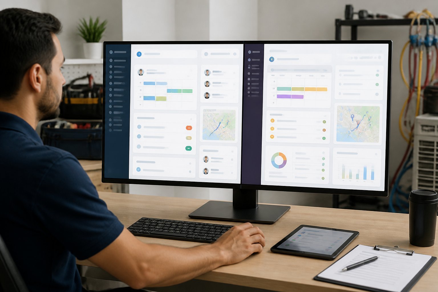 A home-services manager compares two field-service dashboards on a split-screen computer.