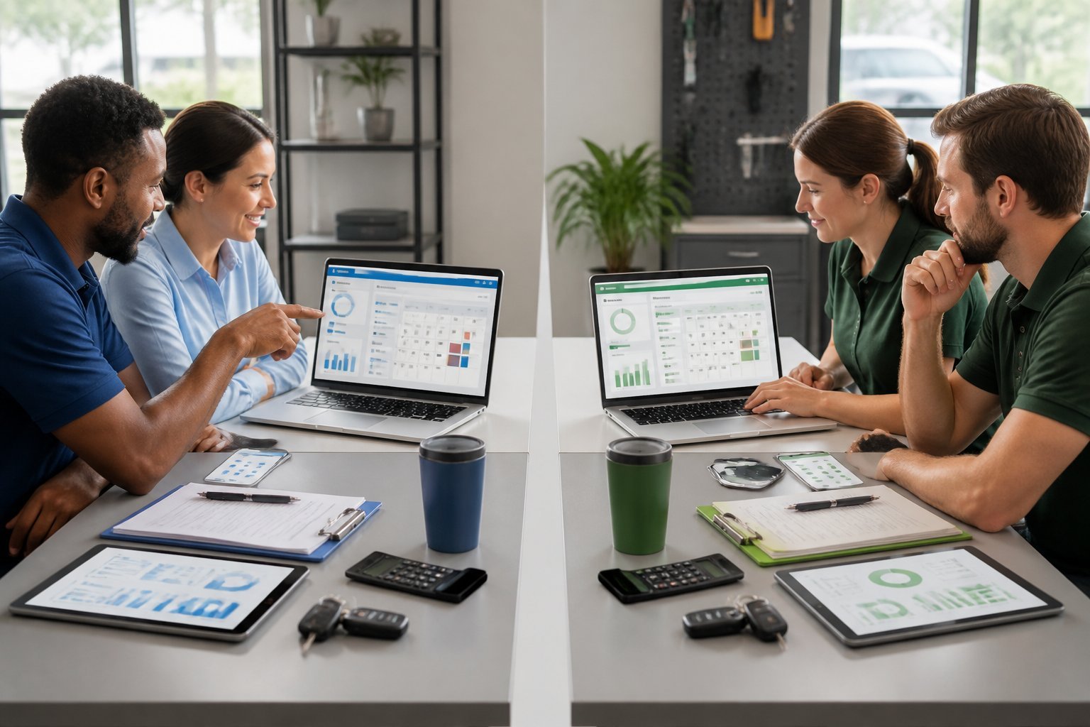 Two service-business professionals compare software dashboards at side-by-side workstations in a modern office.